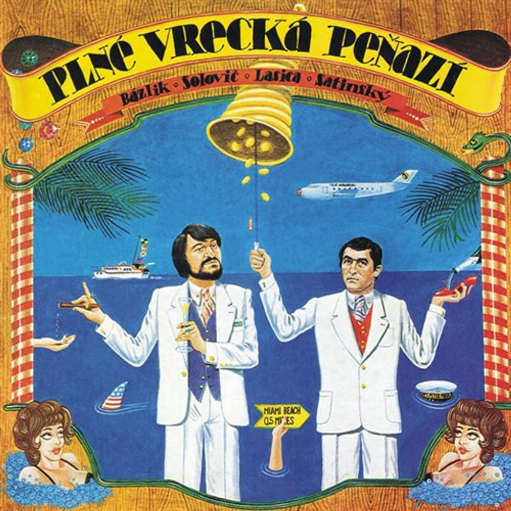 Retro plagát k hre Plné vrecká peňazí s dvoma mužmi v bielych oblekoch pred morom