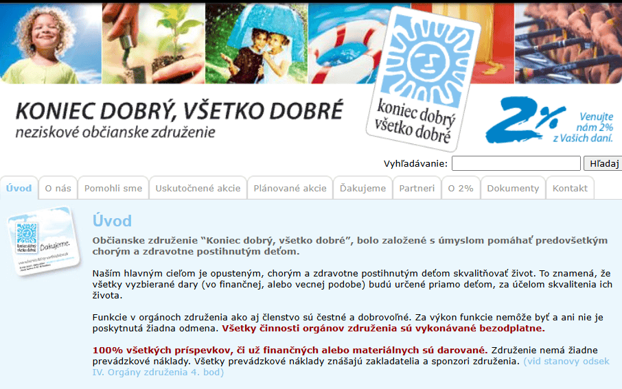 Webová stránka občianskeho združenia s logom a fotografiami ľudí a prírody